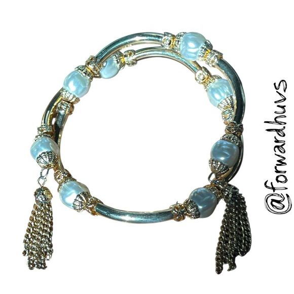 Gold Tone Wrap Bracelet – Elongated Beads, Faux Pearls, Chains & Spacers - Picture 4 of 7